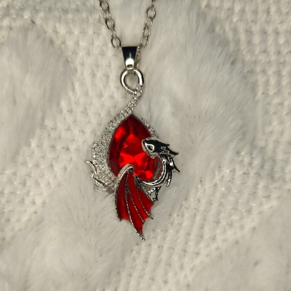 Red Crystal Silver Necklace with Gothic Design - Picture 1 of 4
